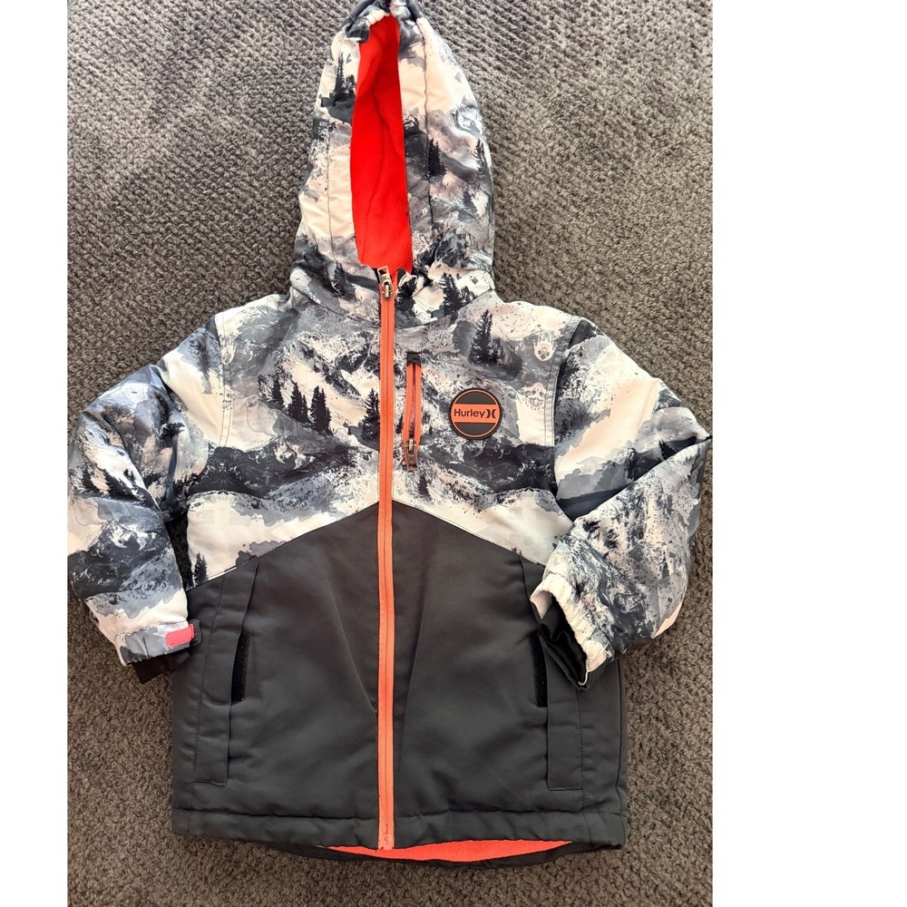Hurley Puffer Jacket Kids XS 5/6 Gray Mountain Print Hooded Winter Coat Logo - Picture 10 of 10